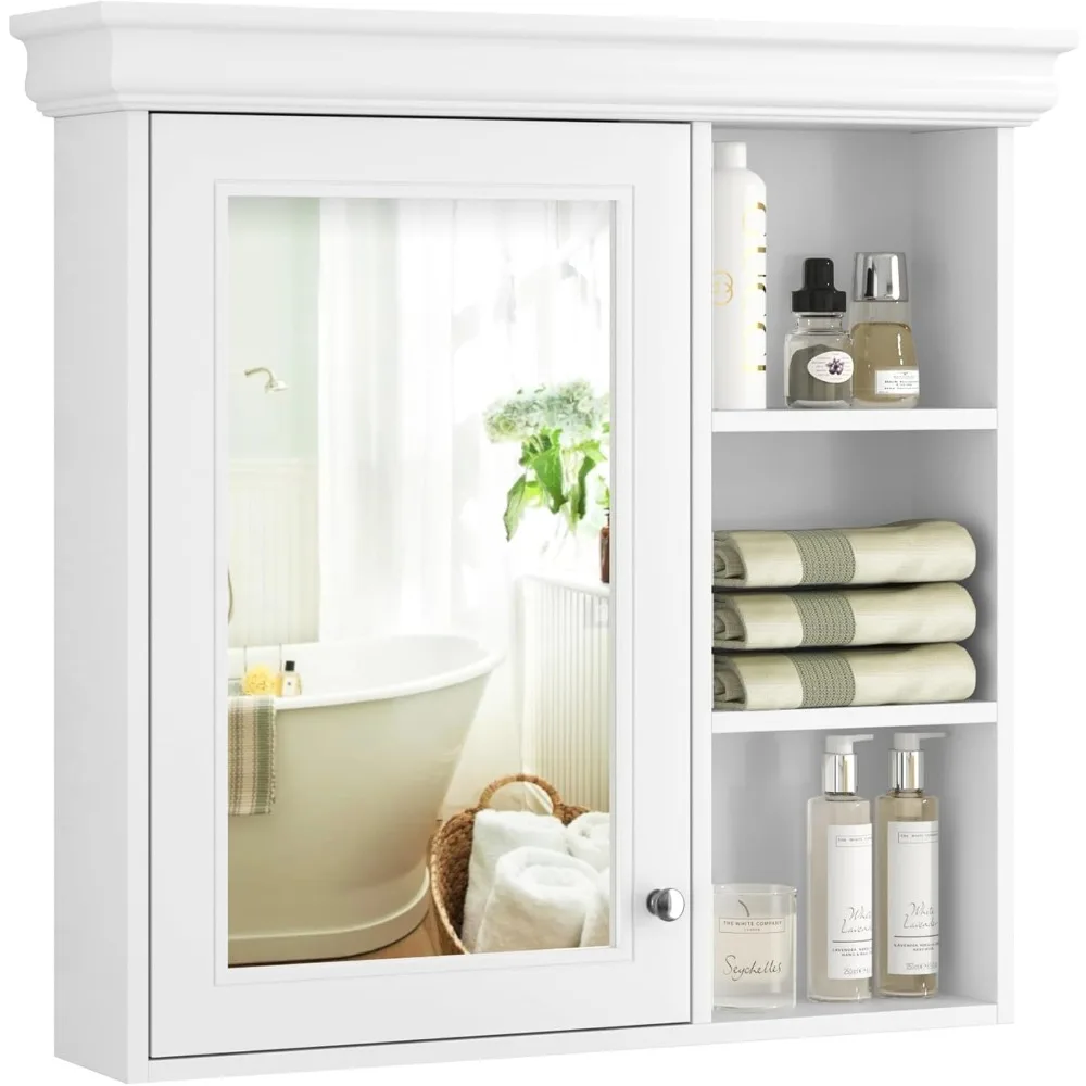 

Modern Bathroom Medicine Cabinet with Mirror, 30" x 28" Wall Mounted White Medicine Cabinet with Storage and Open Shelves