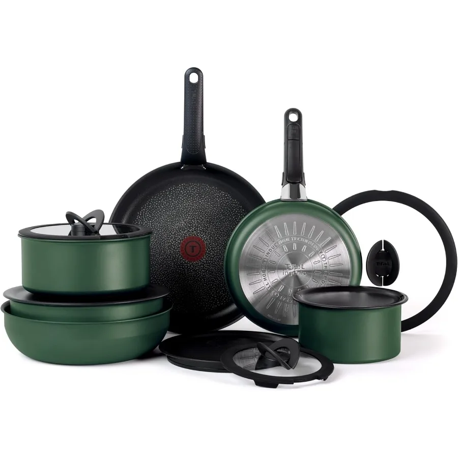 Набор посуды Expertise с антипригарным покрытием, 14-компонентная индукционная совместимая духовка и бройлер, безопасная до 500F, идеально подходит для использования на колесах и кемпинга.