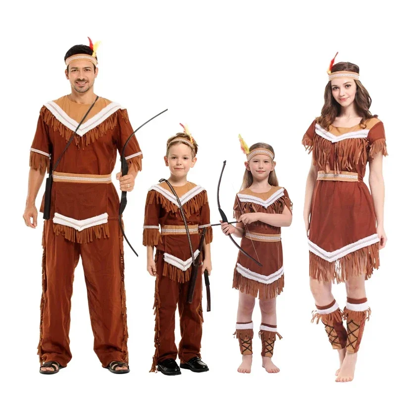 Indigenous People Women Man Indian Princess Costumes Kids Girls Pocahontas Huntress Costume Purim Party Mardi Gras Fancy Dress