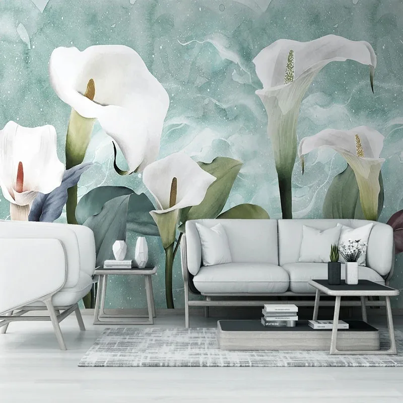 Custom 3D Watercolor Calla Lily Flower Small Fresh TV Background Wall Mural Home Decor 3D Waterproof Stickers Papel De Parede