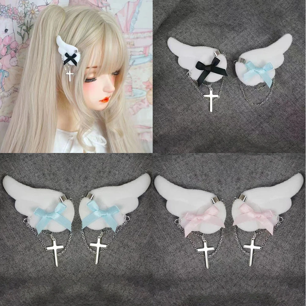 Angel Wing Hairclip Cross Chain Headwear Lolita Clothing Accessories Cute Hair Clips Gilrs Headdress Students Gifts