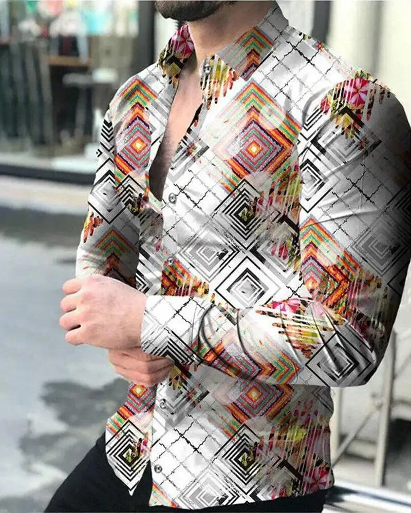 New Men's Color Gradient Geometric Color Blocks 3D Printed Shirt Men's Retro Simple Business Shirt Long Sleeve Lapel Outdoor Top