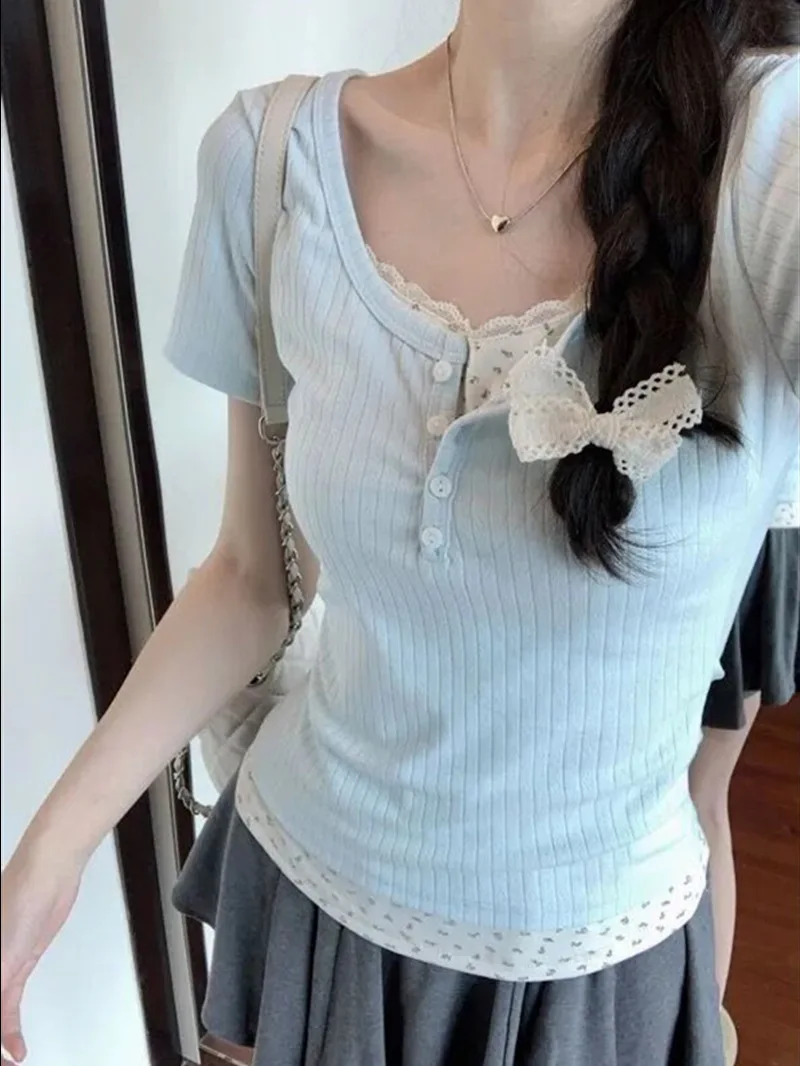 Floral Patchwork Langarm T-shirt Falsche Zwei-stück Spitze Frauen Top 2025, Frühling Abnehmen T-shirt Mode Koreanischen Stil Kleidung – Detail 17