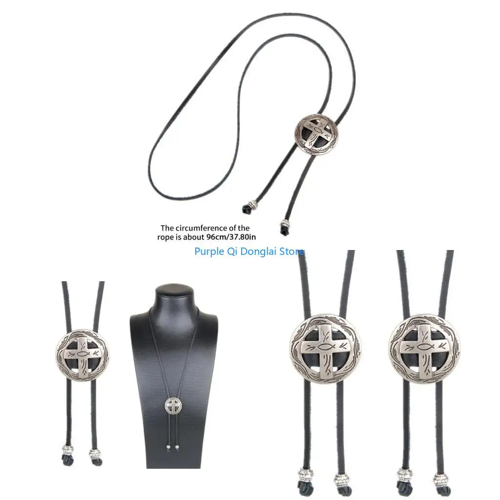 L21E Punk Leather Necktie Bolo Tie Carving Western Cowboy Necklace Accessory