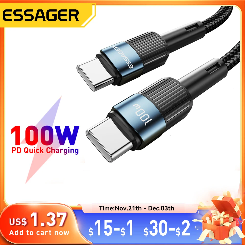 Essager 100W USB Type C To USB C Cable USB-C PD Fast Charging Charger Wire Cord For Macbook Samsung Xiaomi Type-C USBC Cable 3M