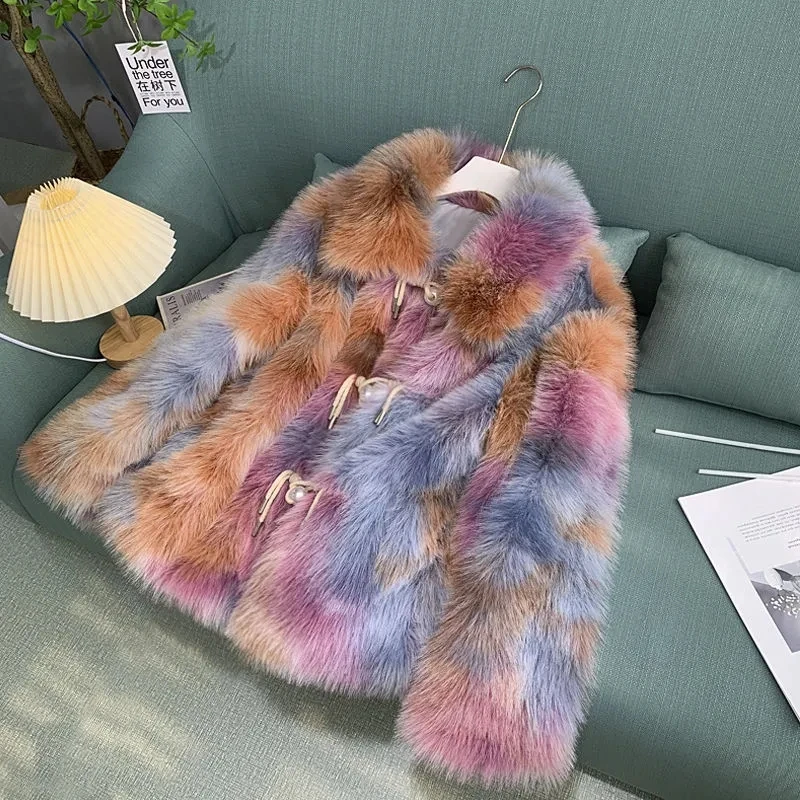 2023 New Korea Faux Fox Fur Grass Coat Women\'s Winter Jacket Mid Long Pearl Buckle Artificial Fur Coat Female Outerwear Cothing