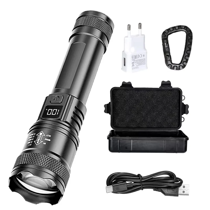 Hoogwaardige led-zaklampen 300000 LM tactische zaklamp met displaylicht USB-opladen Camping Vissen Defensa Zoom-lantaarn
