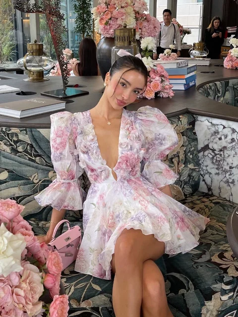 Trendy Floral Print Flare Sleeve V Neck Mini Dress Elegant High Waist Pleated Woman Vestidos 2026 New Autumn Evening Party Gown