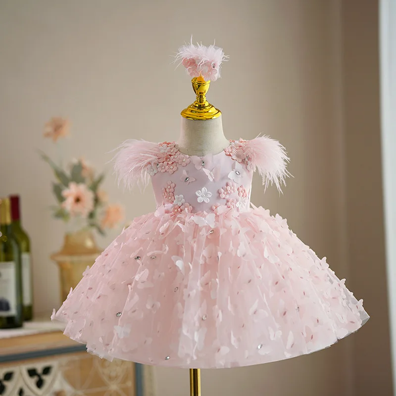 Girl\'s Dress 2024 Baby Pearl Butterfly Princess Dress Children\'s Fashion Fluffy Dress Wedding Birthday Performance Gauze Dress