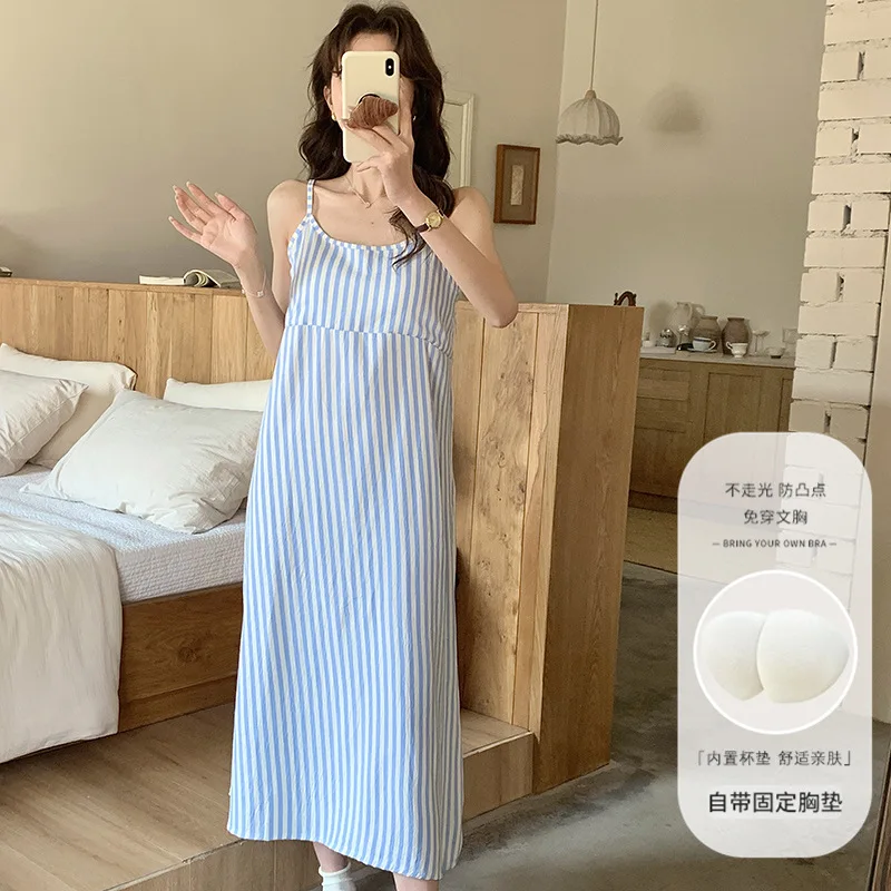M-2XL حجم كبير المرأة بلا أكمام فستان طويل مع وسادة الصدر الكورية طباعة عالية الخصر Strappy ثوب النوم ملابس خاصة بيجامة فضفاضة