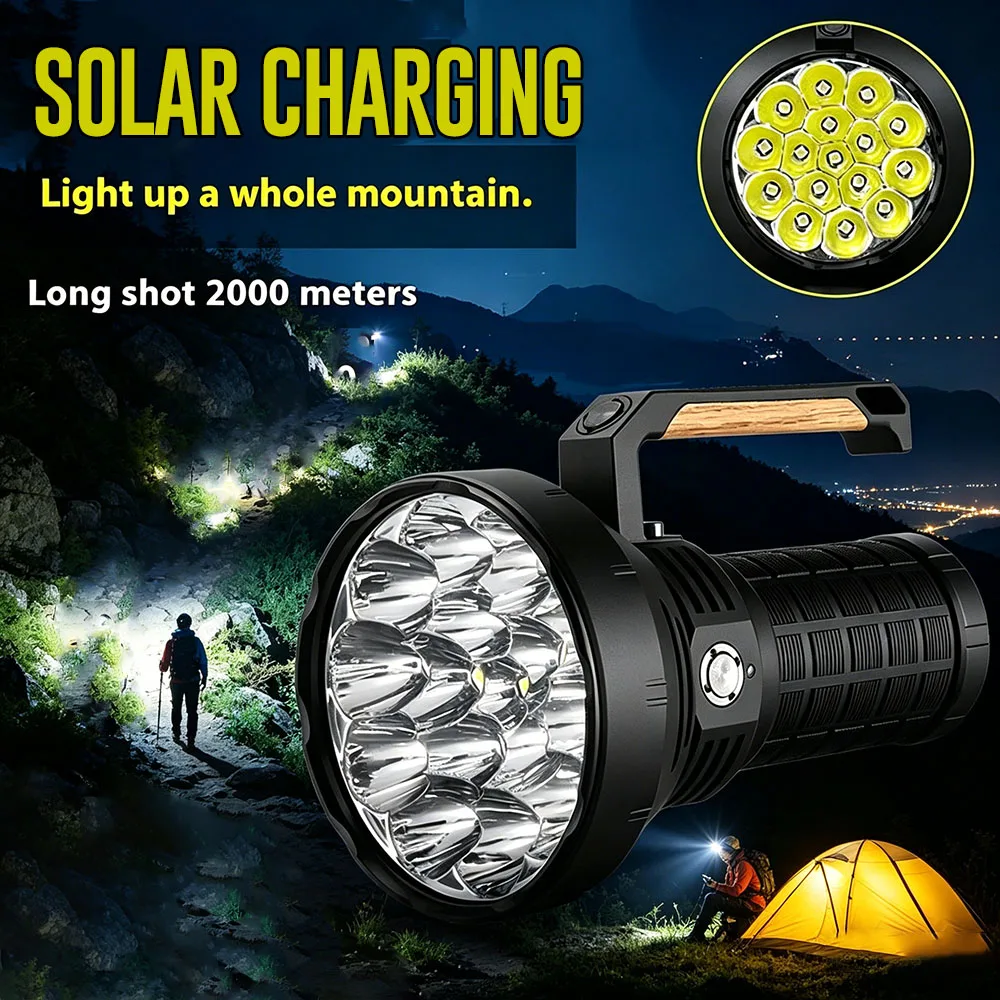 Bright Tactical Flashlight 5000000 Lumen Super Bright Searchlight Built in Cooling Fan 16pcs XHP50 LED Rechargeable Lantern