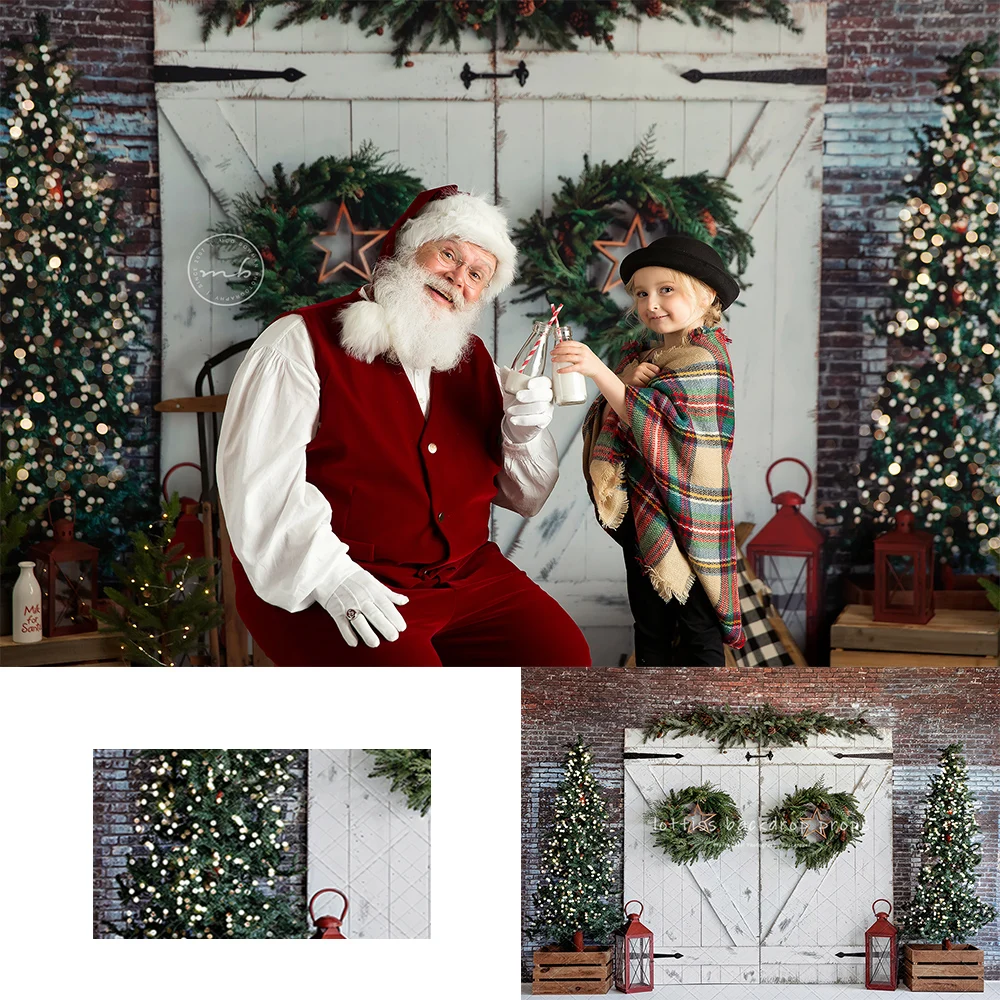 

Xmas Farmhouse Greetings Backdrops Kids Family Photography Props Child Baby Photocall Decors Wooden Door Wreath Backgrounds