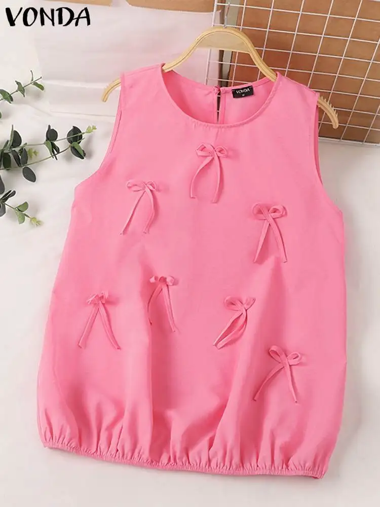 

Summer Sleeveless Party Tank Tops 2024 VONDA Women Sexy Bow Tanks Elegant Camis Loose Solid Color Shirts O Neck Casual Tees