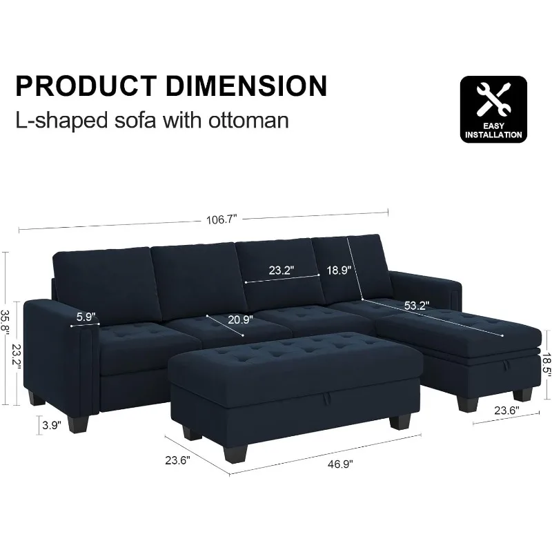 Velvet Convertible 4-Seat Sectional Sofa with Reversible Chaise L Shaped Sofa Couch Furniture Sets Sectional Couch