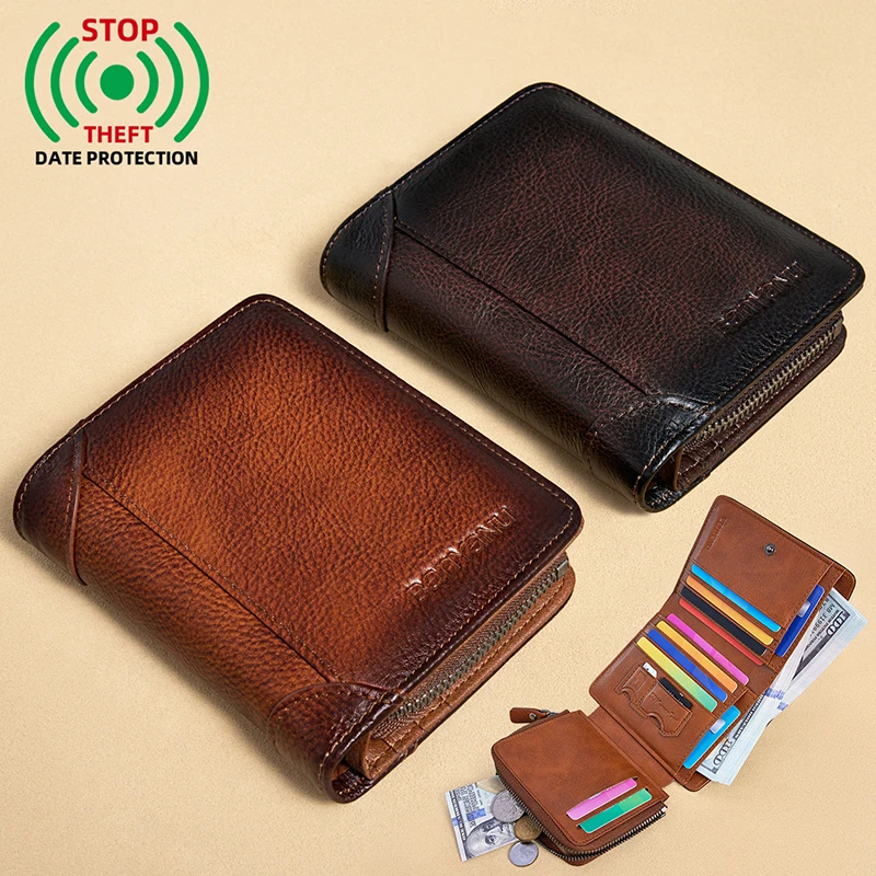 Top Grain Cowhide Leather Men Short Wallet, Hidden Snap Button, Multi Card Slots Large Capacity Multi-functional Coin Purse