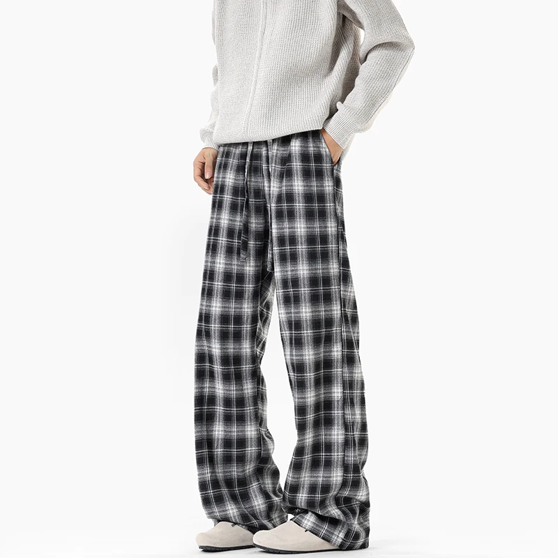 

Мужские повседневные брюки в американском стиле, клетчатый дизайн, контрастный цвет, шнурок, эластичная талия, широкие брюки, свободные мужские брюки весны 2026