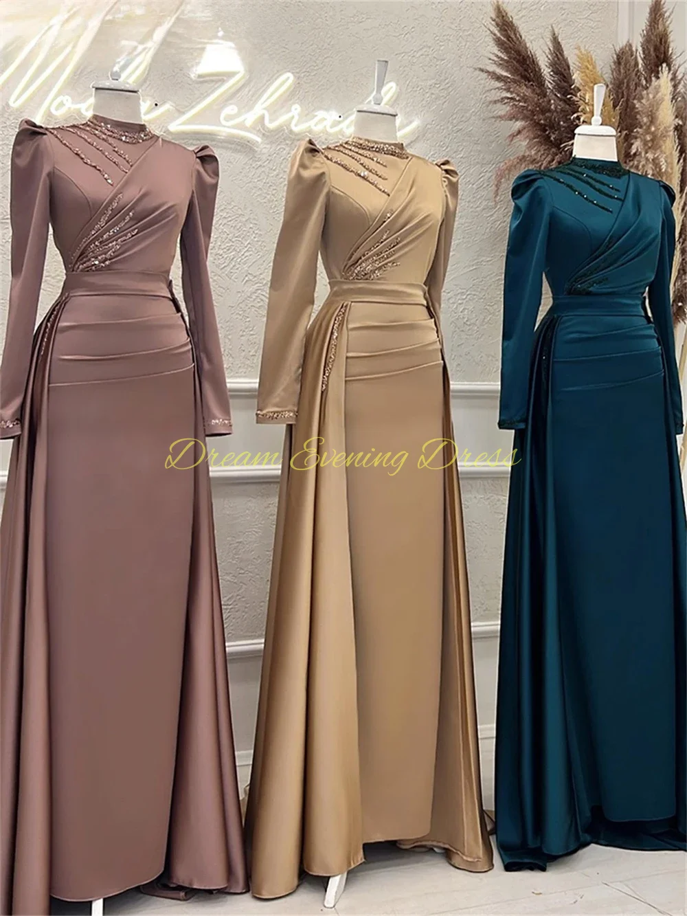 Elegant Dubai Arab Long sleeved High Neck Satin Mermaid Champagne Muslim Evening Dresses with Detachable hem Formal Prom Gown