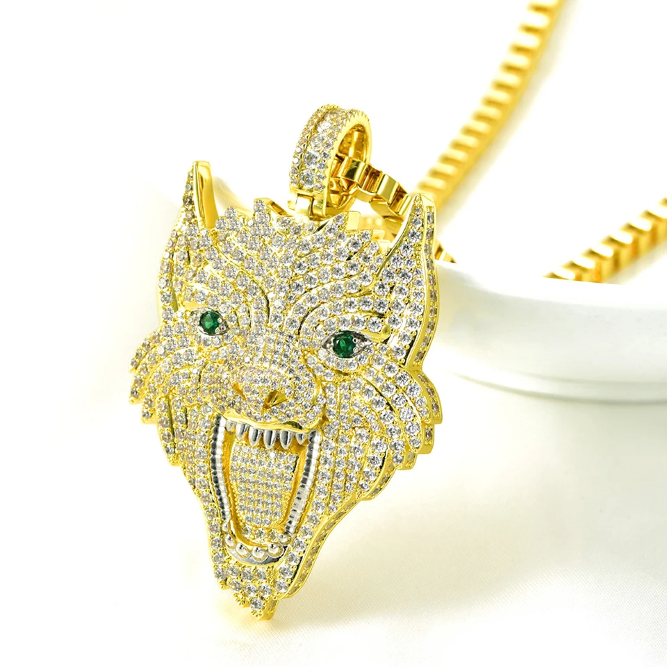 VANAXIN Hip Hop Wolf Head Pendant Necklaces Male Iced Out  14k Gold Color  Brass CZ Zircon Animal for Men Jewelry Gift