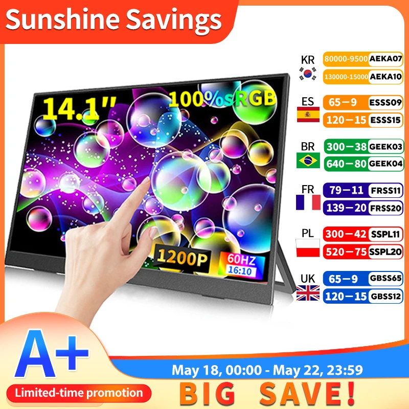 HGFRTEE – moniteur Portable à écran tactile de 14 pouces, 100% sRGB, 400cd/m2, écran d'extension pour ordinateur de jeu, pour XBox PS4/ 5 Switch Loptop