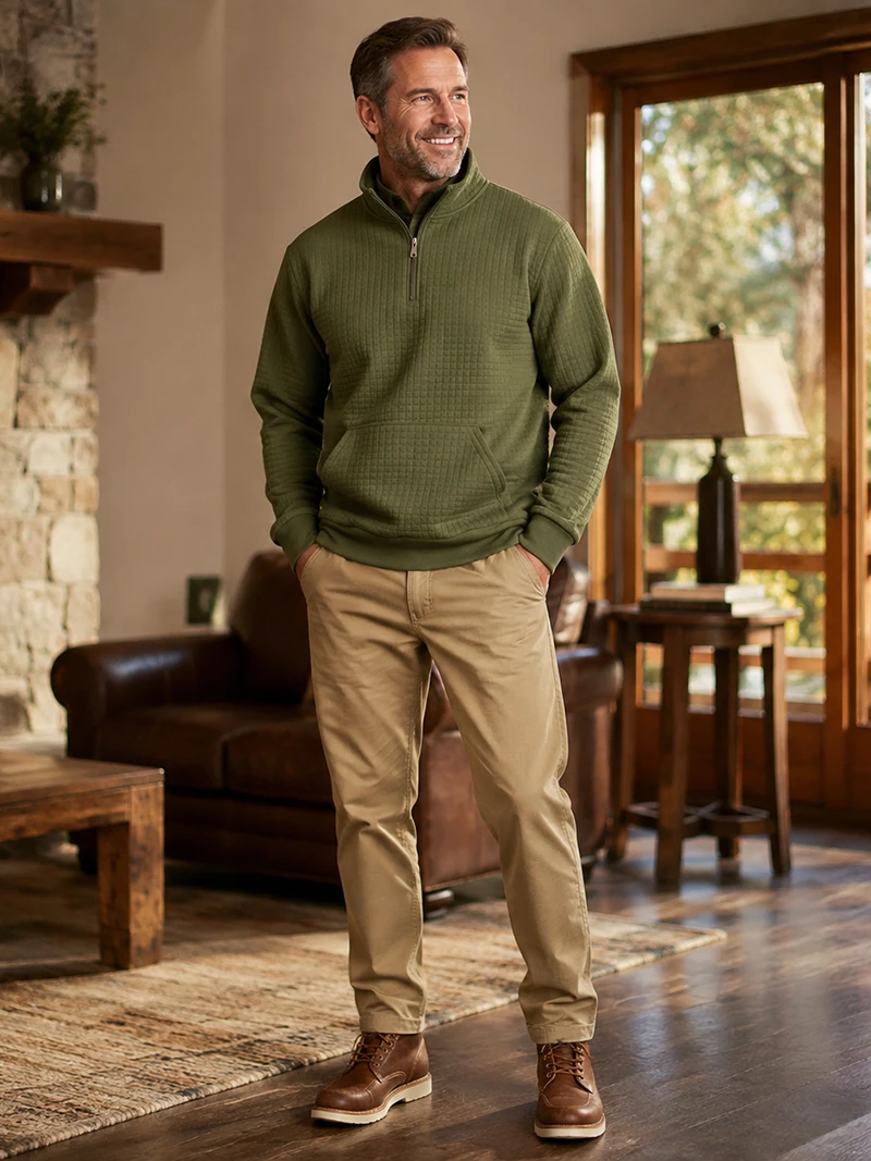 Herren Waffelstruktur Stehkragen Halbreißverschluss Langarm-Sweatshirt mit Kängurutasche, Locker Geschnitten, Frühling Herbst Weicher Lässiger Pullover – Detail 14