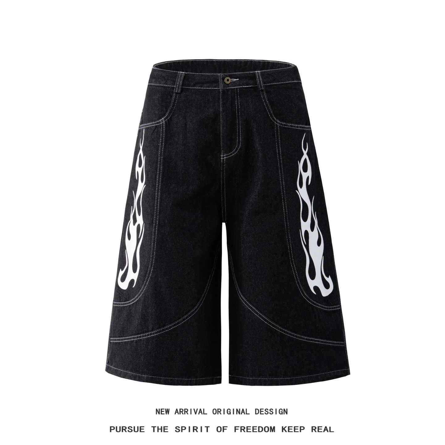American Flame Print Black Contrast Stitching Workwear Shorts Men's High Street Versatile Wide Leg Deconstructed Washed Seven...