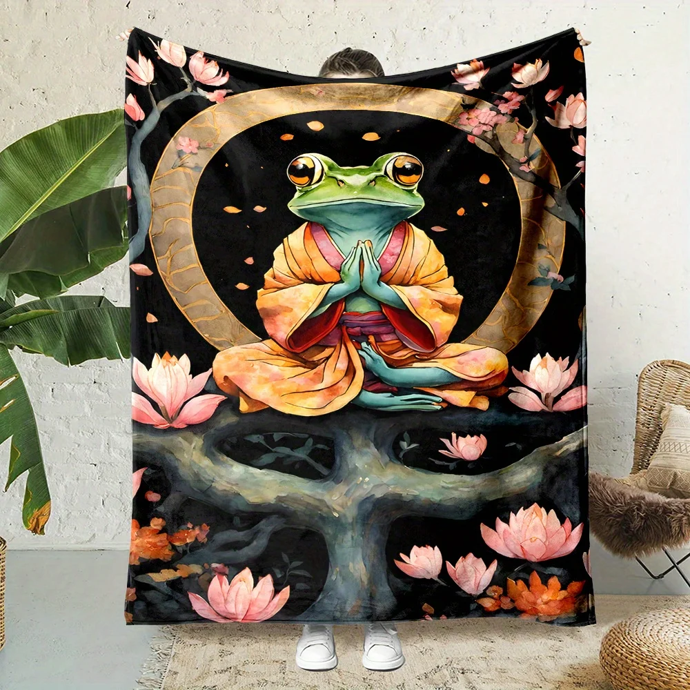 Cute Frog Lotus Flower Blanket Throw Boho Yoga Meditation Spiritual Pond Life Art Cozy Fleece Blanket for Home Decor