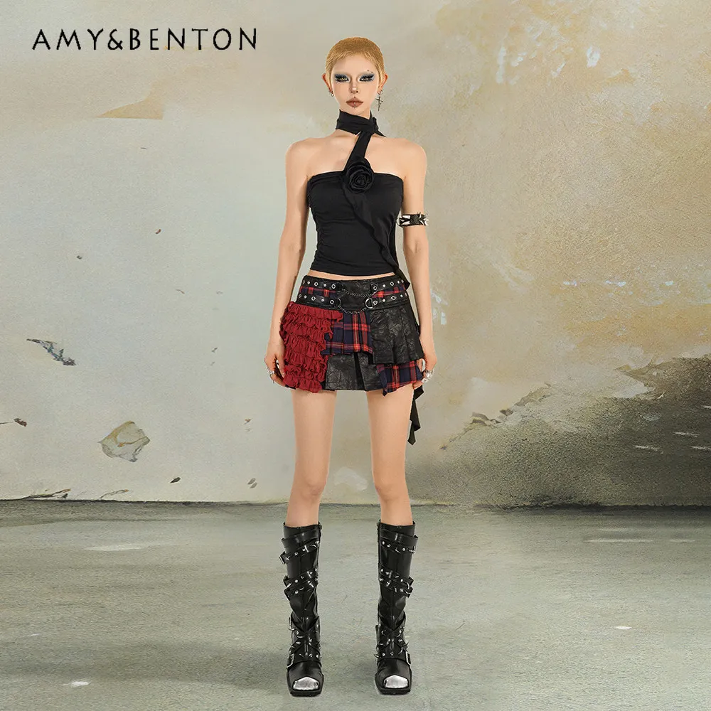 

Новая летняя женская юбка в стиле стрит-панк и готика, черно-красная, свободного кроя, с многослойным дизайном, из искусственной кожи, с клетчатыми вставками