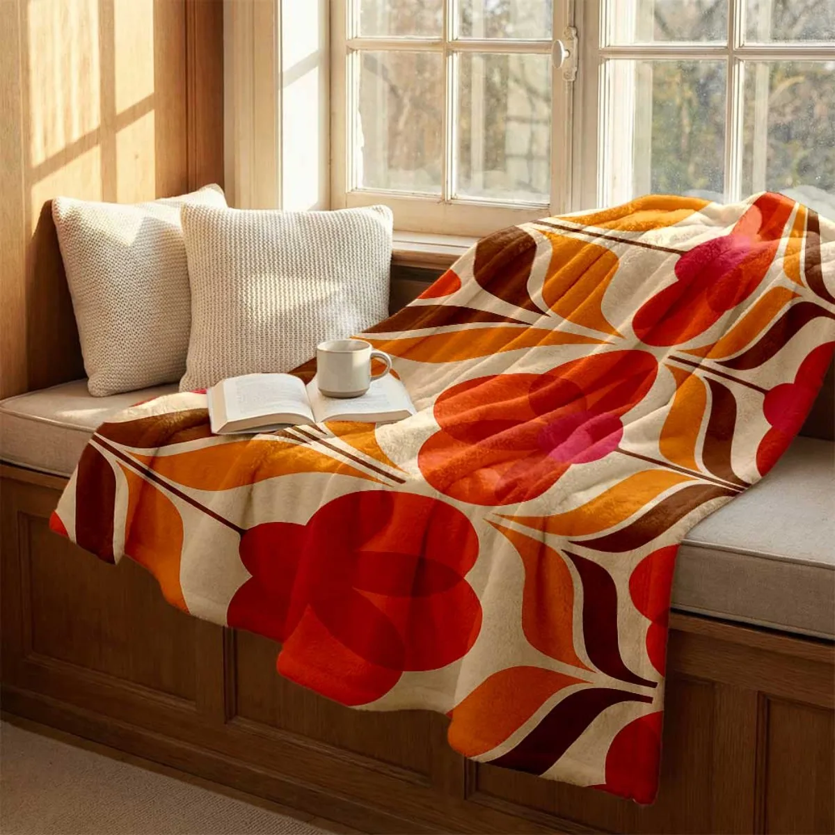 Retro Mid Century Orange Red Geometric Floral Repeat Print Flannel Blanket Soft for Living Room Vintage Home Warm Decor Gift