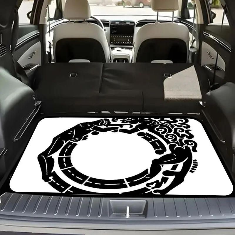 1pc Stylish Car Trunk Mat WithBlack And White Circular Stylized Tribal Engraving With Humanoid/Mythical Figures And Central Empt