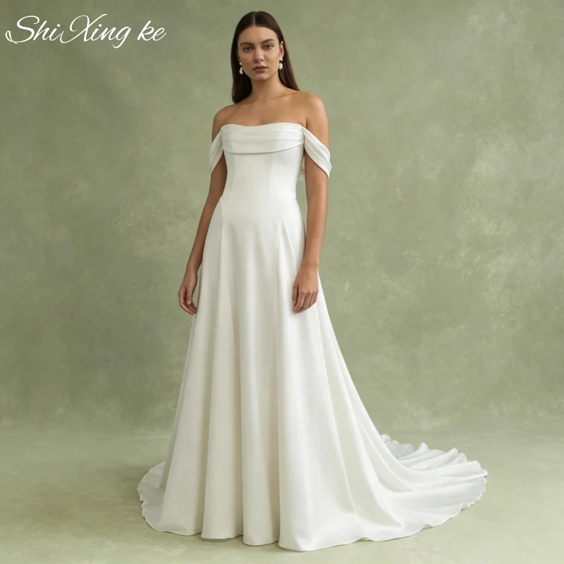 Modern Satin Wedding Dress A Line Off Shoulder Bow Detail Bridal Gown Vestidos De Novia Customized