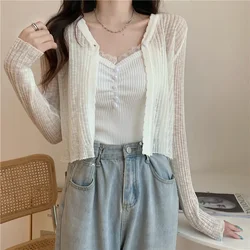 Cardigan Women V-neck Solid Single Button Slim Knitted Thin Tops Female Korean Style Simple Trendy Long Sleeve Sun Protection