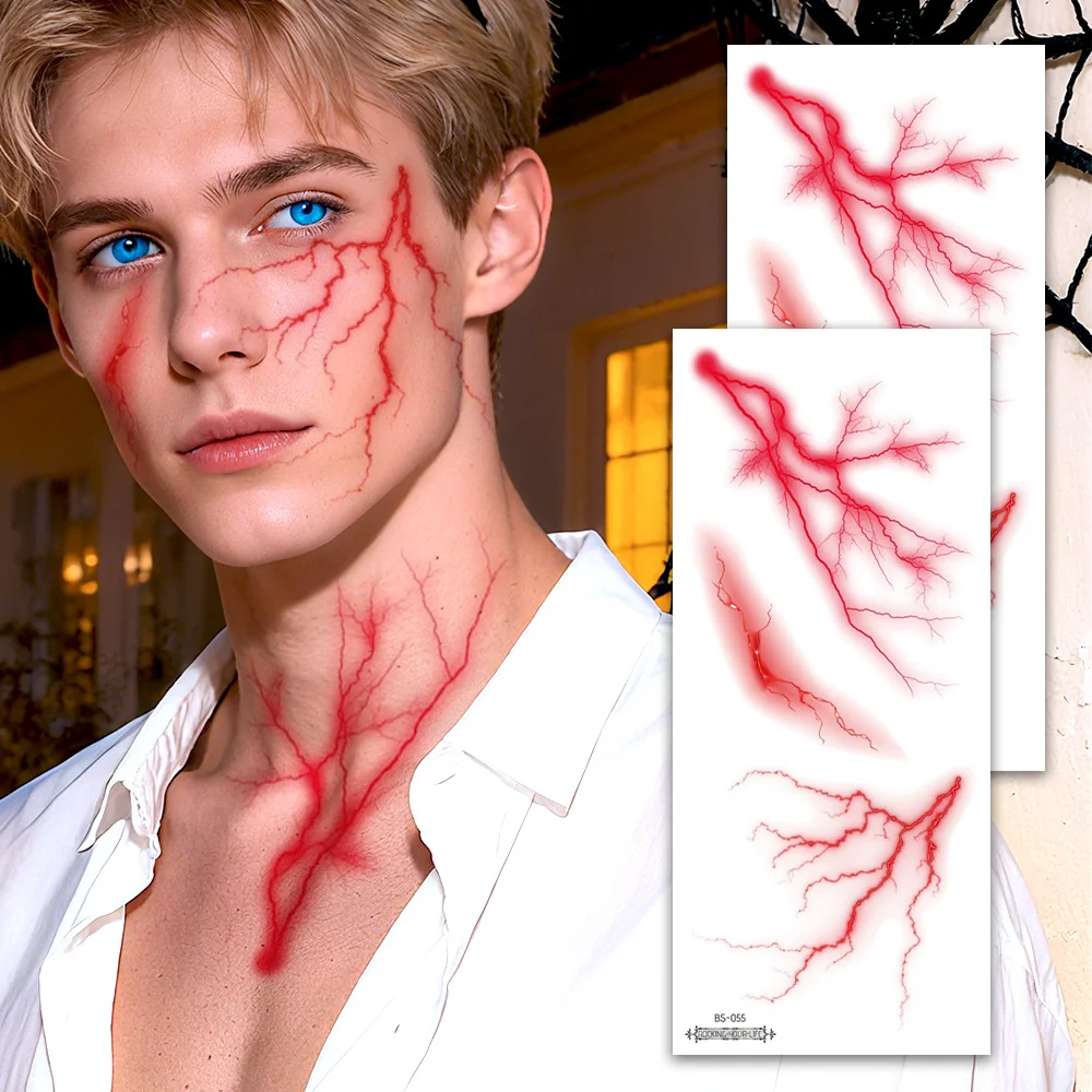 

2PCS Large Fake Tattoo Stickers - Detailed Black and Red Lightning Vein Design for Halloween Party, Face & Body Art Supplies