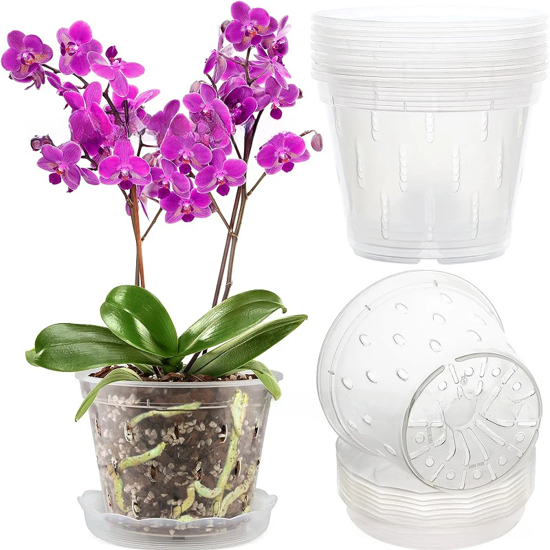 Maceta de plástico transparente para flores, contenedor para vivero de orquídeas, con orificio de drenaje y bandejas, macetas para plántulas, suministros de jardín, 5 uds.