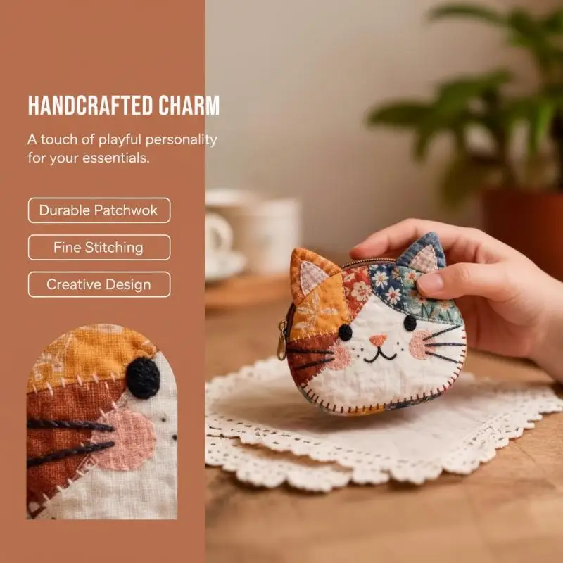 Niedliche, katzenförmige, handgefertigte Patchwork-Geldbörse aus weicher Baumwolle zum Tragen von Münzen, Schlüsseln, Lippenstiften für den täglichen Gebrauch. – Detail 5