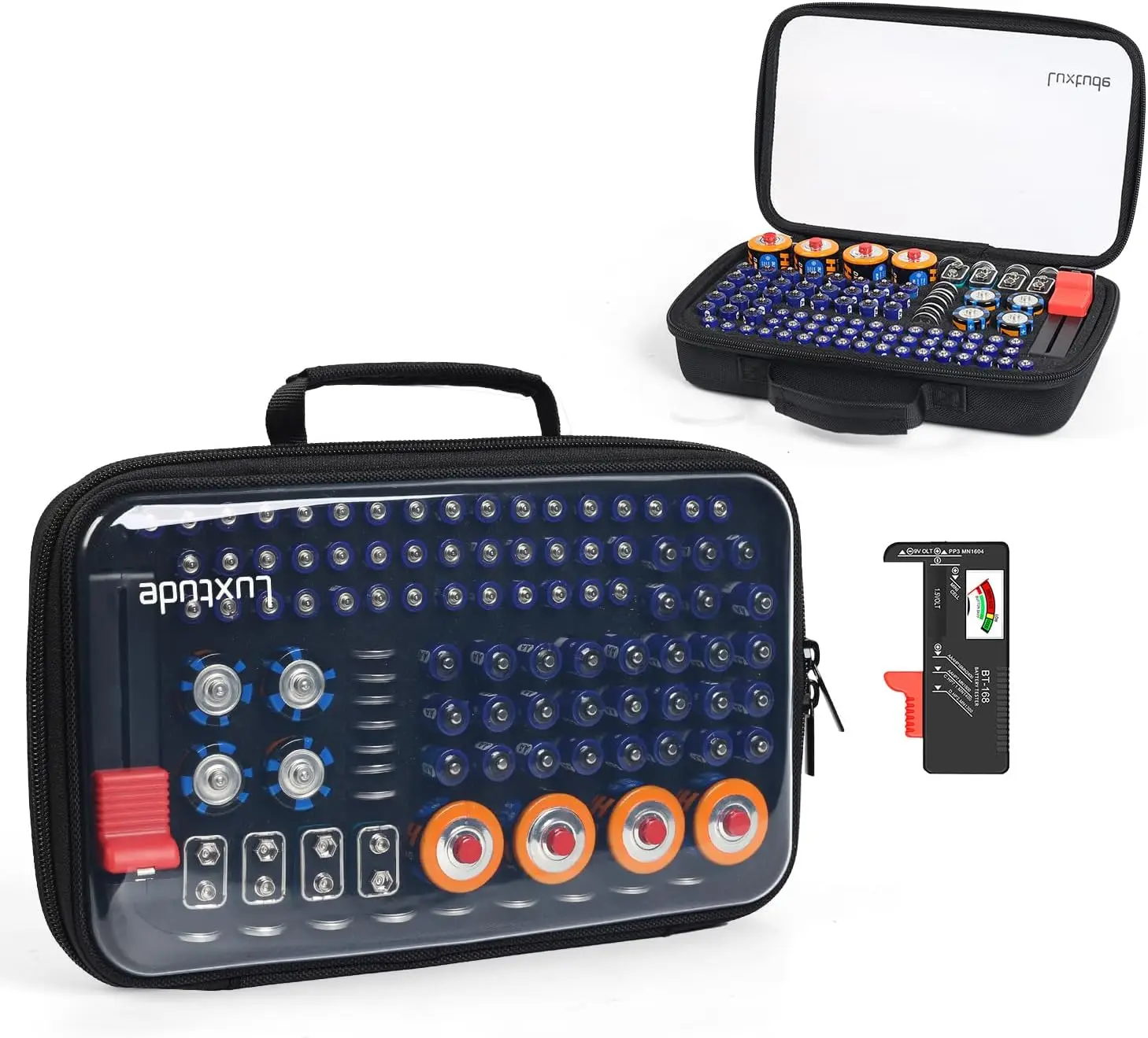 

Органайзер-кейс для хранения батареек с тестером (батарейки в комплект не входят) (черный, средний, 102 слота)