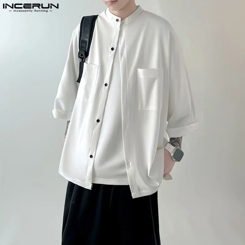 

INCERUN Tops 2024 Korean Style New Men's Simple Solid Large Pocket Shirts Casual Streetwear Stand Neck Long Sleeved Blouse S-5XL