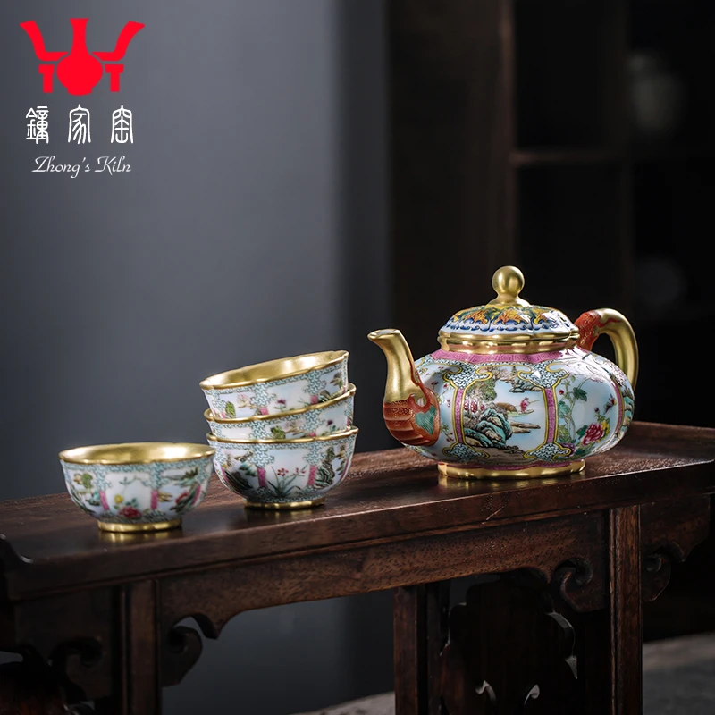 Zhongjia Kiln Set Home Living Room Jingdezhen Enamel Color Tea Cup With Gold Scenery, Flowers And Birds, One Pot, Four Cups