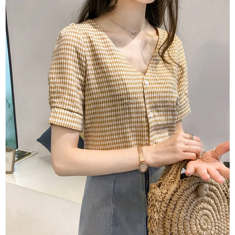 

Летний приталенный топ свободного кроя с V-образным вырезом и клетчатым узором для полных женщин, в корейском стиле, для повседневной носки