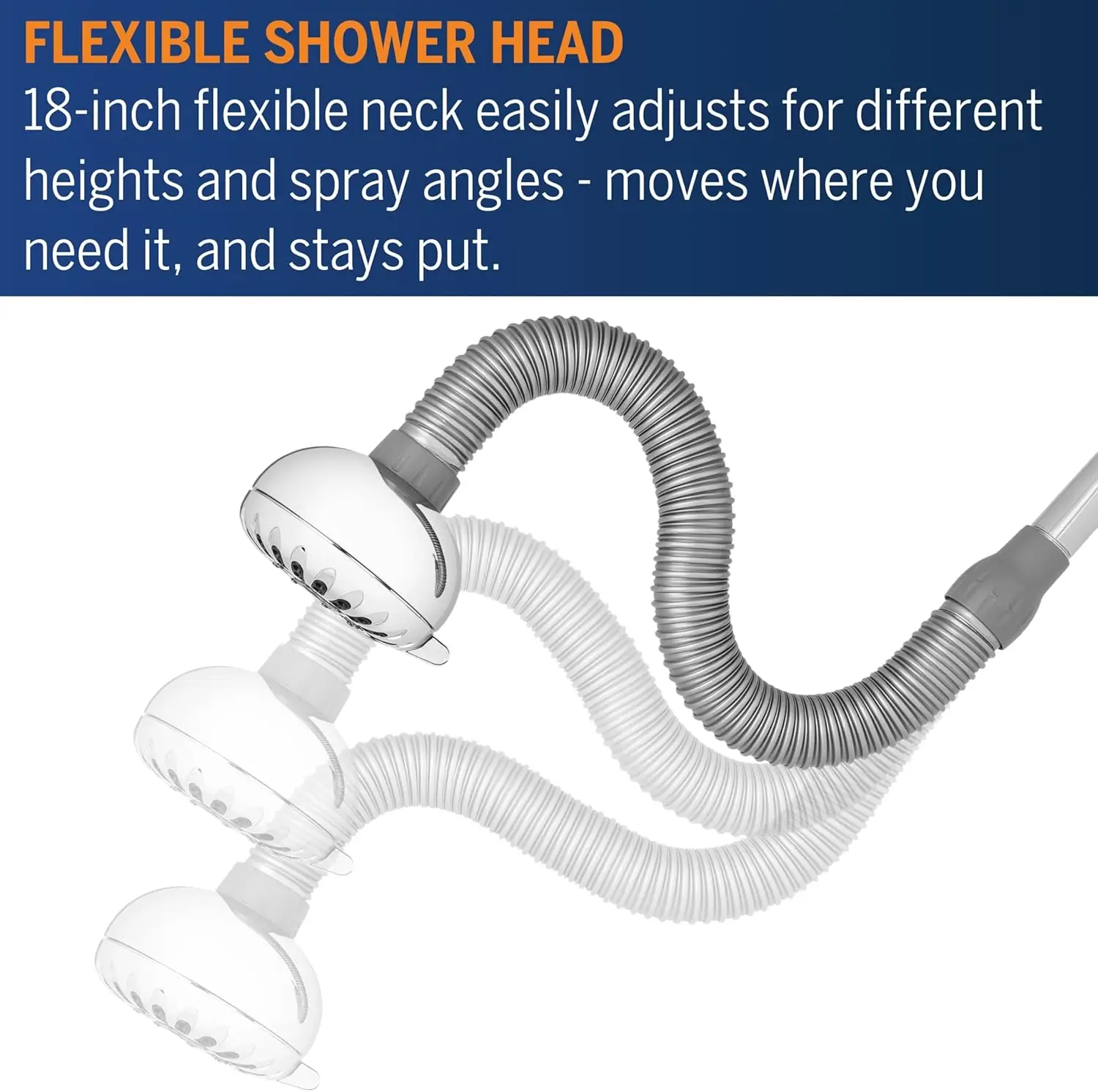 Adjustable Shower Head with 7 Spray Modes, Flexible Neck for All Heights, Chrome Finish