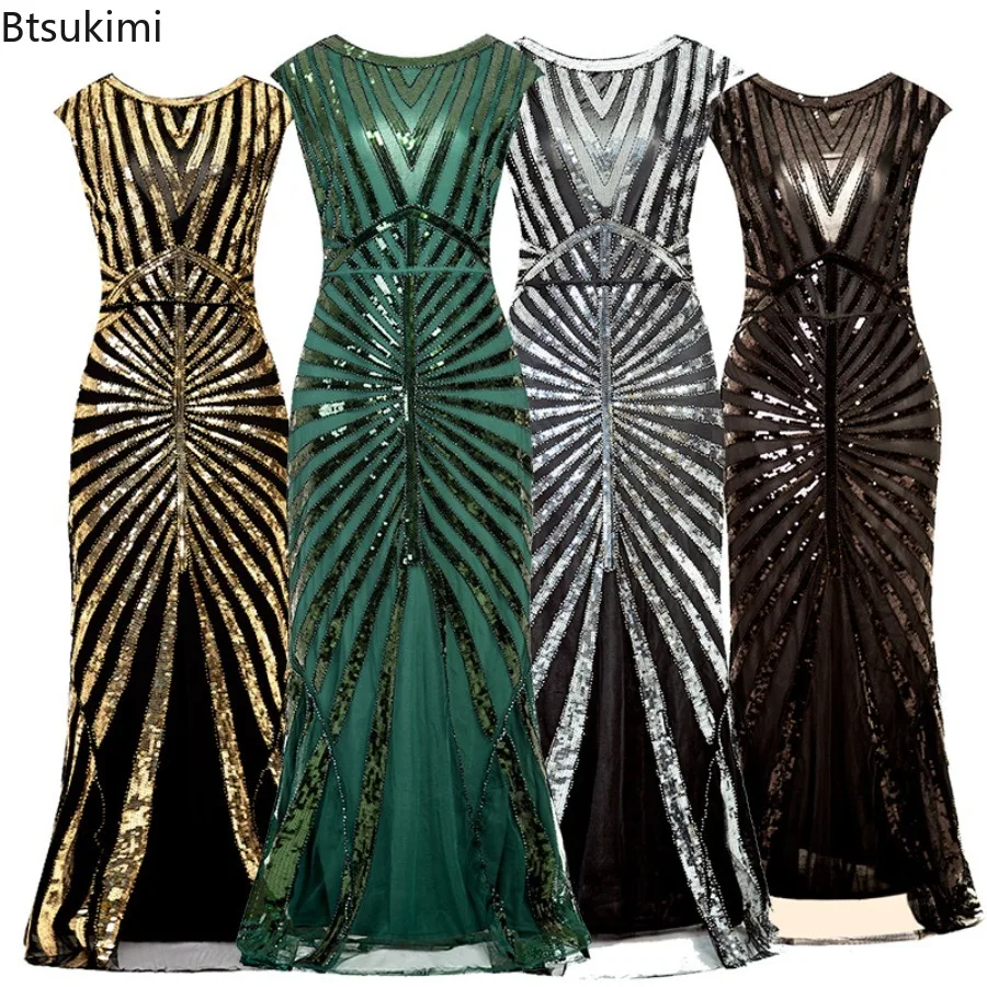 Vintage Women 1920s Gatsby Dress Sleeveless Sequins Slim Fit Mermaid Hem Skirt Cocktail Party Birthday Party Prom Fishtail Gown