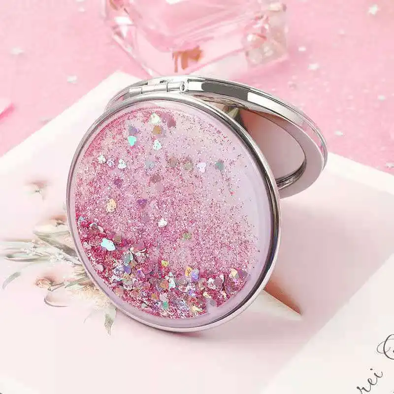 TSHOU722 Fashion 2-Face Mini Pocket Makeup Mirror Creative Cosmetic Compact Mirrors with Flowing Sparkling Sand Can