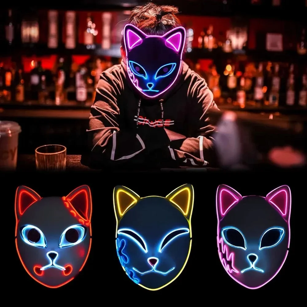 2025 Halloween Neon Maske Cosplay Japanische Anime Neon LED Dämon Slayer Maske Halloween Party Kostüm Requisiten