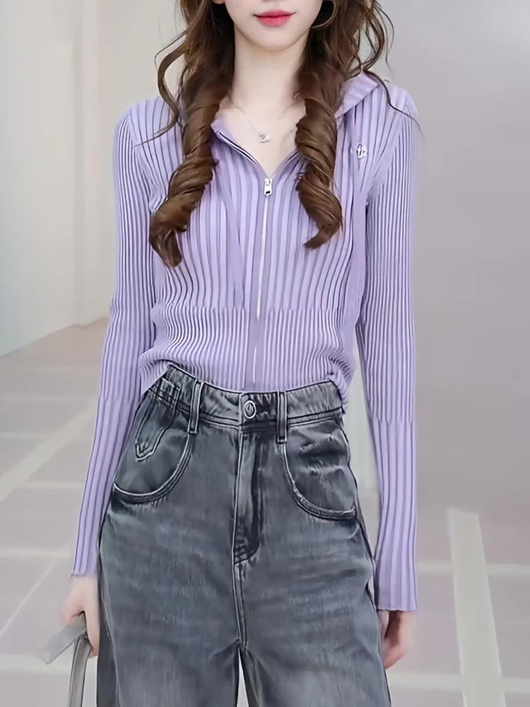 

Женская модная укороченная кофта с длинными рукавами и вязаной шапкой, в корейском стиле, из обычной шерсти, на молнии, для повседневной носки.