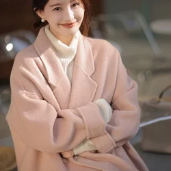 Pink Double-sided Cashmere Coat Women's Mid-length Autumn/Winter 2024 New Small Korean Wool Coat Women's Clothing Simple Series