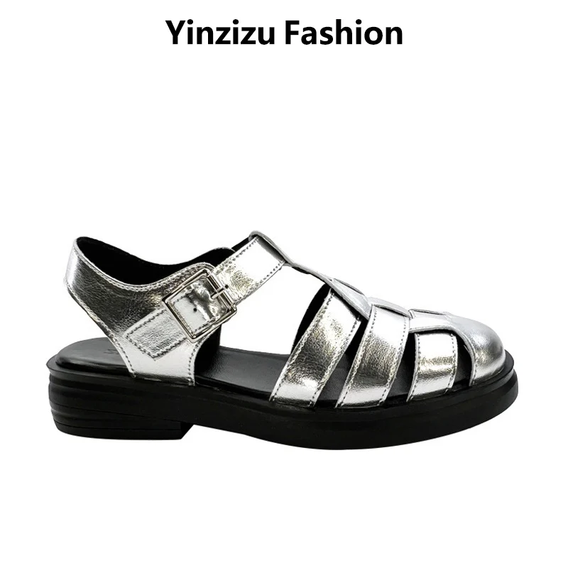 

Summer Rome Women Sandals Hollow Weave Chunky Heel Beach Shoes Silver Casual Platform Gladiator Shoes Woman