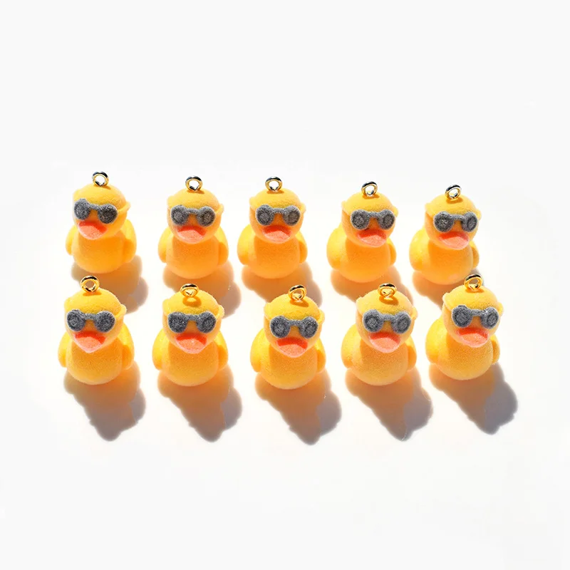 30Pcs 3D Cute Flocked Yellow Duck Charms Animal Cartoon Resin Pendant Earrings Keychain Accessories for DIY Crafts Jewelry Make