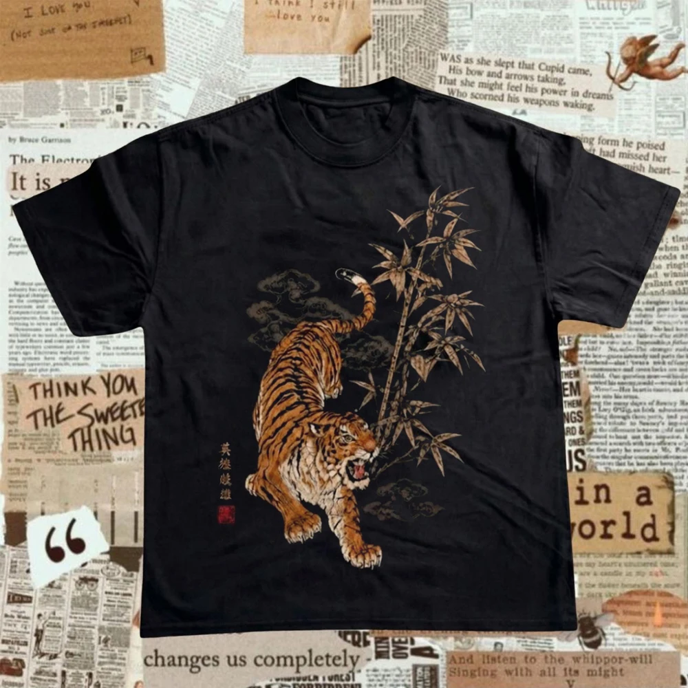 Vintage Tiger Print T-Shirt New Chinese Style Ink Tiger Design Men Women Harajuku Y2K Trendy Vintage Casual Streetwear Tops