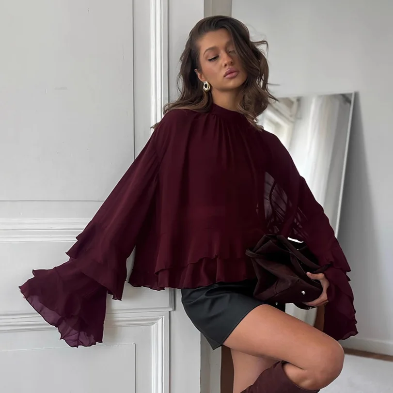 

Chiffon Small Stand Up Collar Ruffle Flared Sleeve Shirt Women Sweet Spring Summer Temperament Blouses Office Lady Top