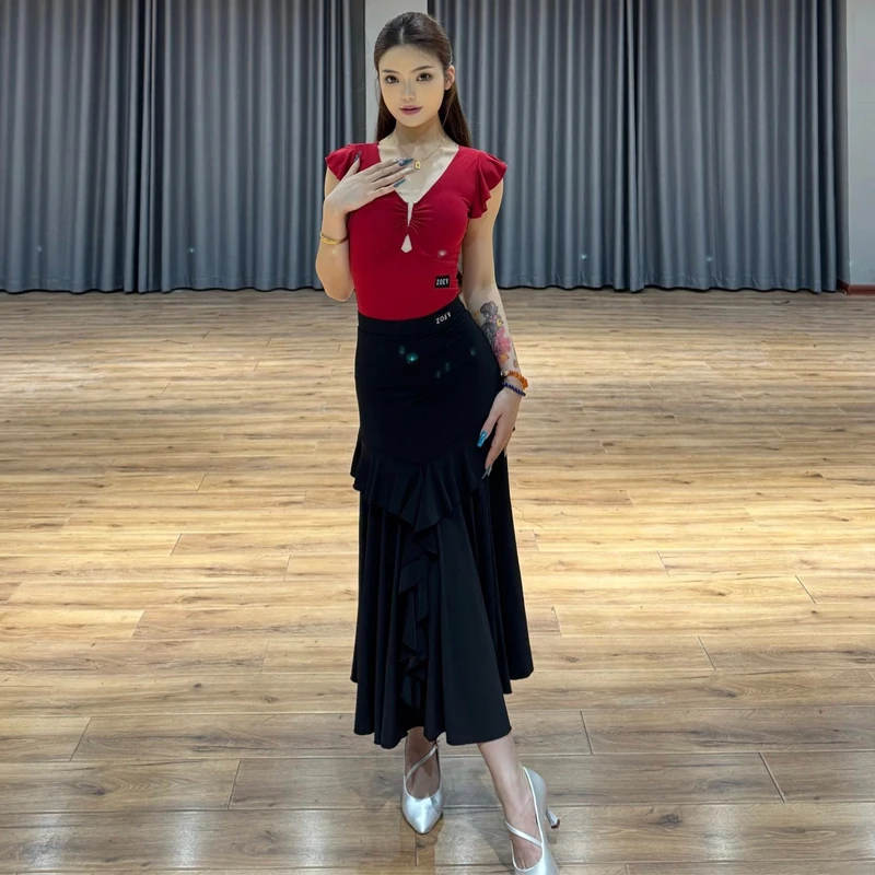 여성 볼룸 댄스 경연 대회 의상 성인 러플 라틴 탑 모던 댄스 스커트 여성 라틴 댄스 의상 SL12704