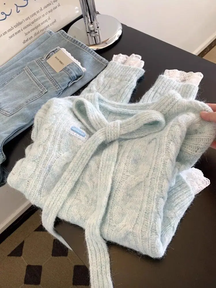 Suéter con lazo y costuras de encaje para Mujer, suéteres tejidos para Otoño e Invierno, Top de moda coreana, suéter dulce para Mujer